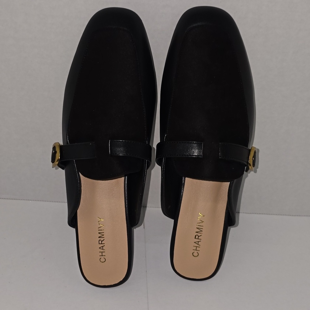 Charmivy Suede Mules Flat Square Toe Slip On Loafer‎ Slides Shoes Buckle Size 10